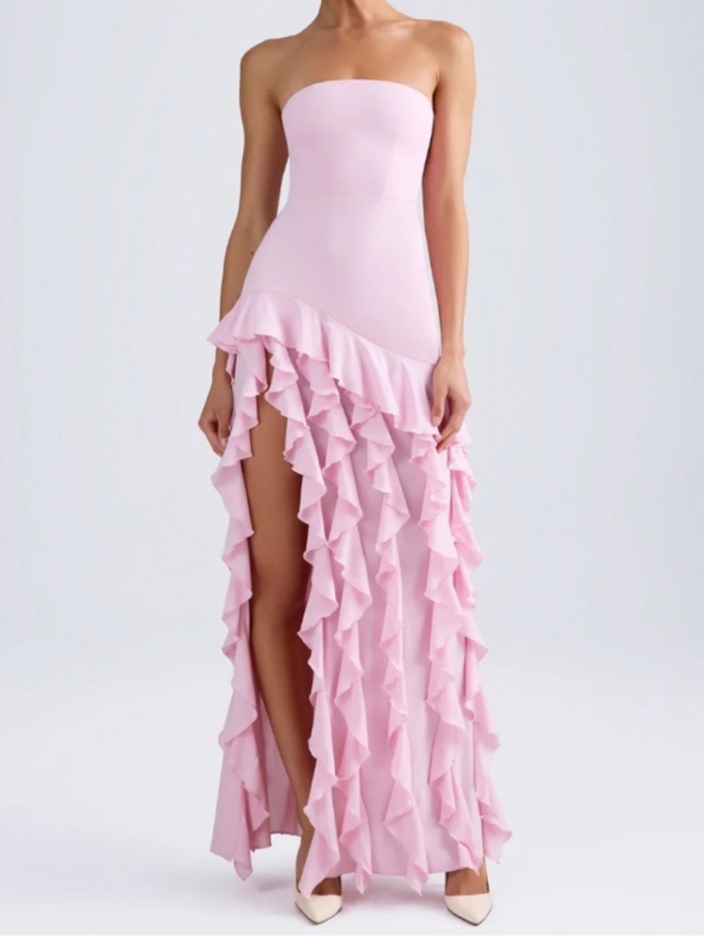 Oh Polly Blush Pink Strapless Ruffle Gown